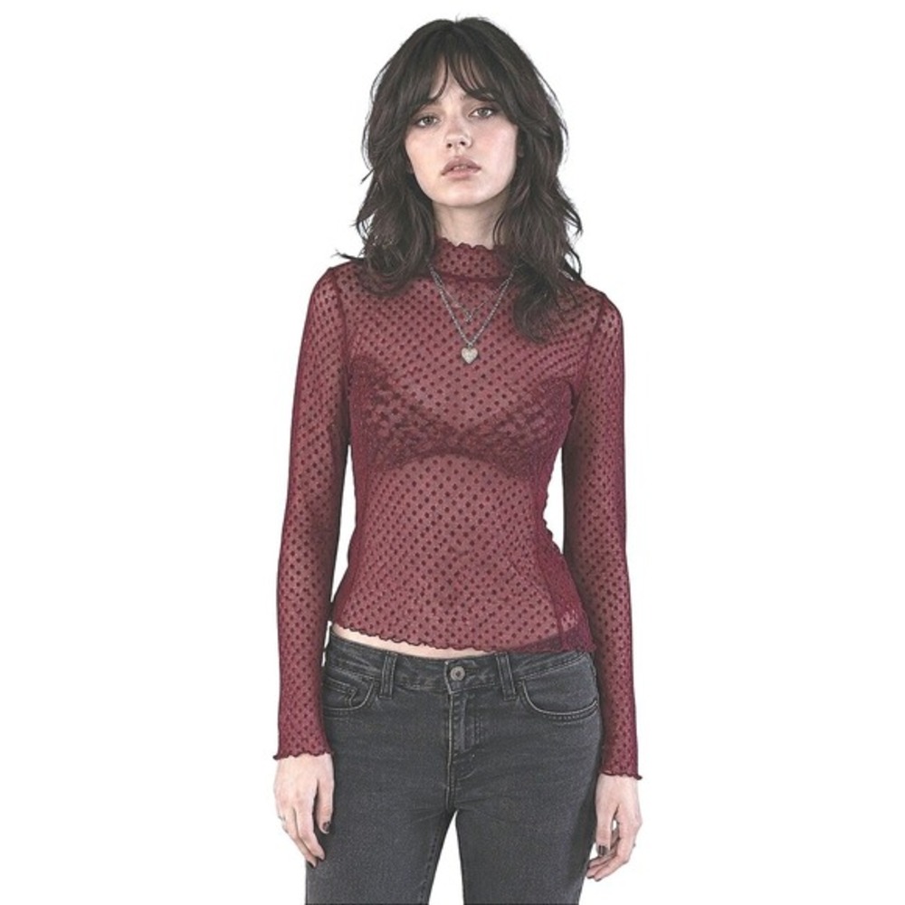 Y2K Burgundy Sheer‎ Mesh Polka Dot Whimsigoth Top Medium Indie Sleaze Going Out